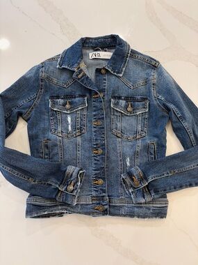 ZARA Distressed Medium Blue Denim Jacket